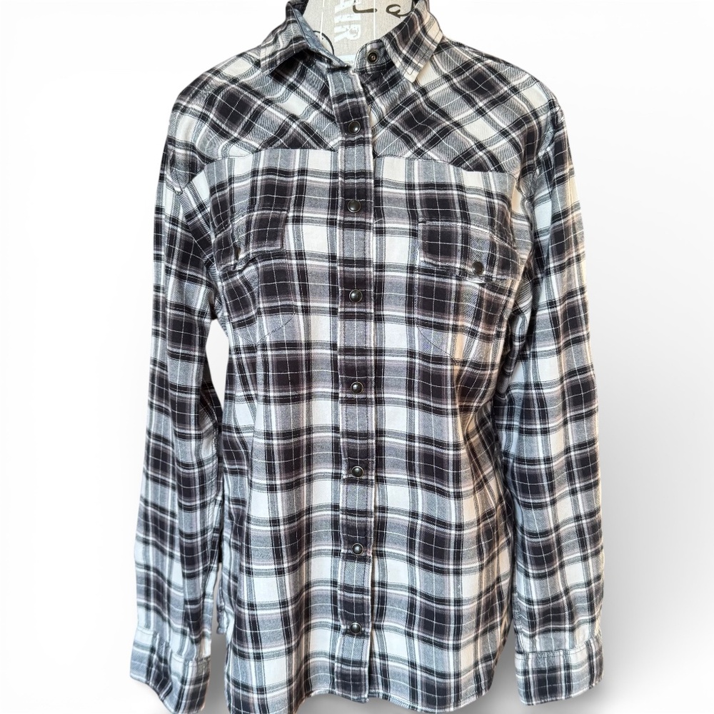 JACHS GIRLFRIEND Plaid flannel button-down shirt black white size M - Picture 13 of 13